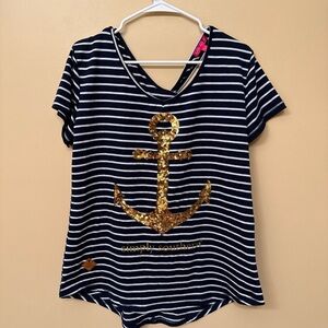 Simply Southern Navy & White Striped Tee with Gold Sequin Anchor